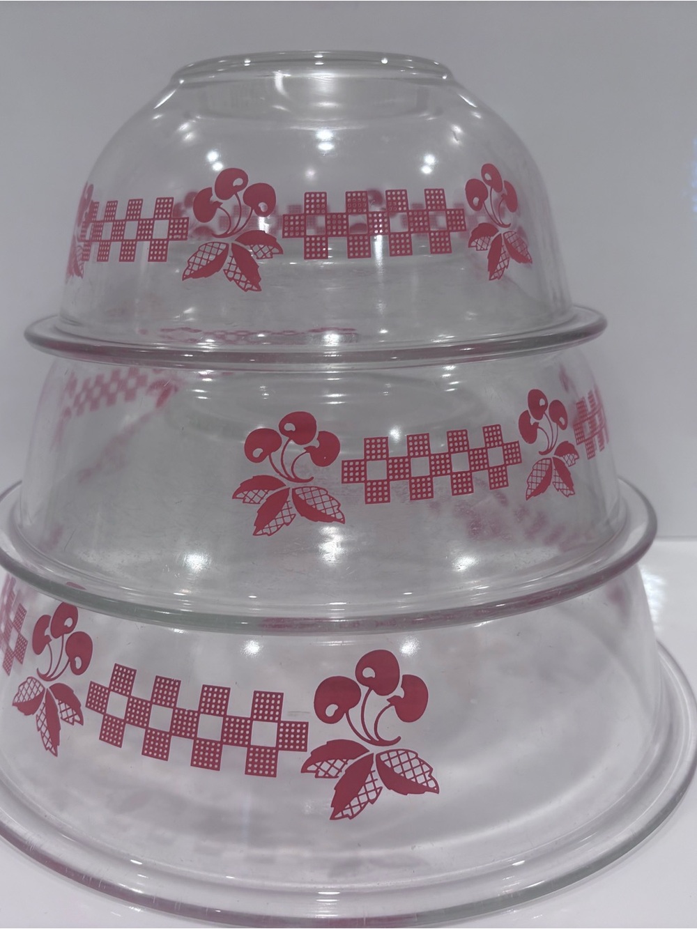 Pyrex Red Cherries Cherry Gingham Mixing Bowls 2.5l, 1.5l, 1l Set Clear Glass